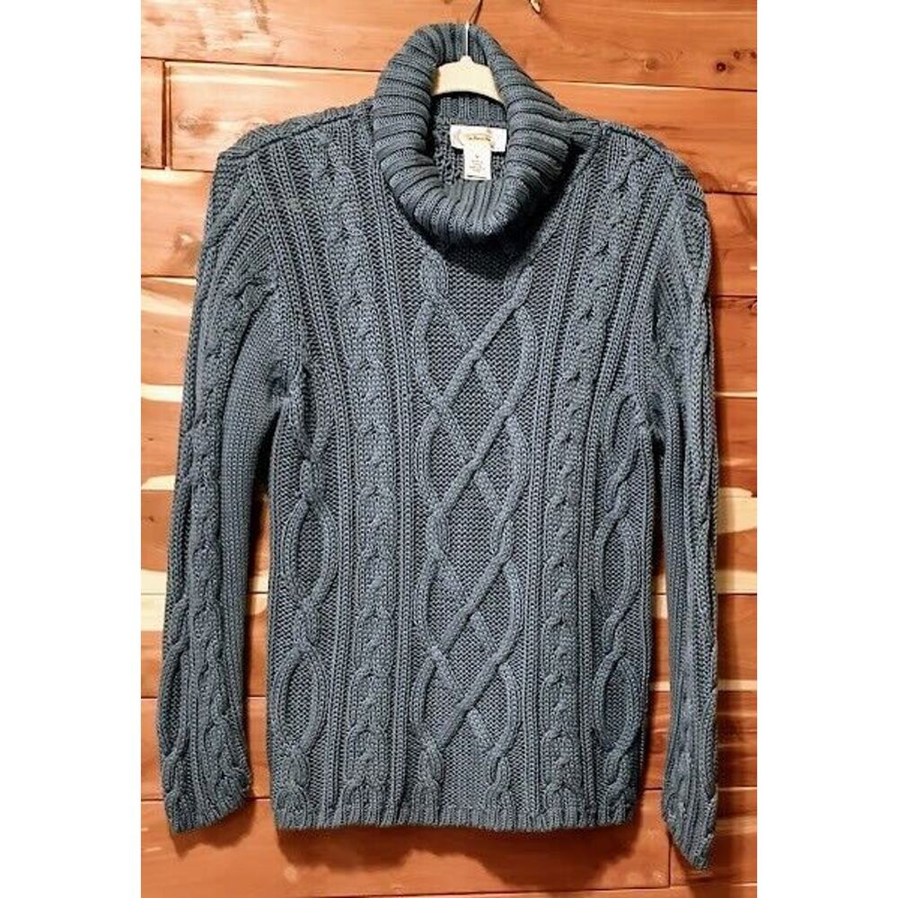 Talbots Blue Thick Cable Knit Turtle Neck Pullover Sweater Petite Medium Cotton